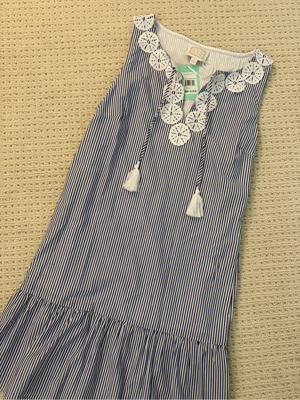 Sail to Sable Sleeveless Tunic Dress Blue Stripe Crochet Tassel NWT L